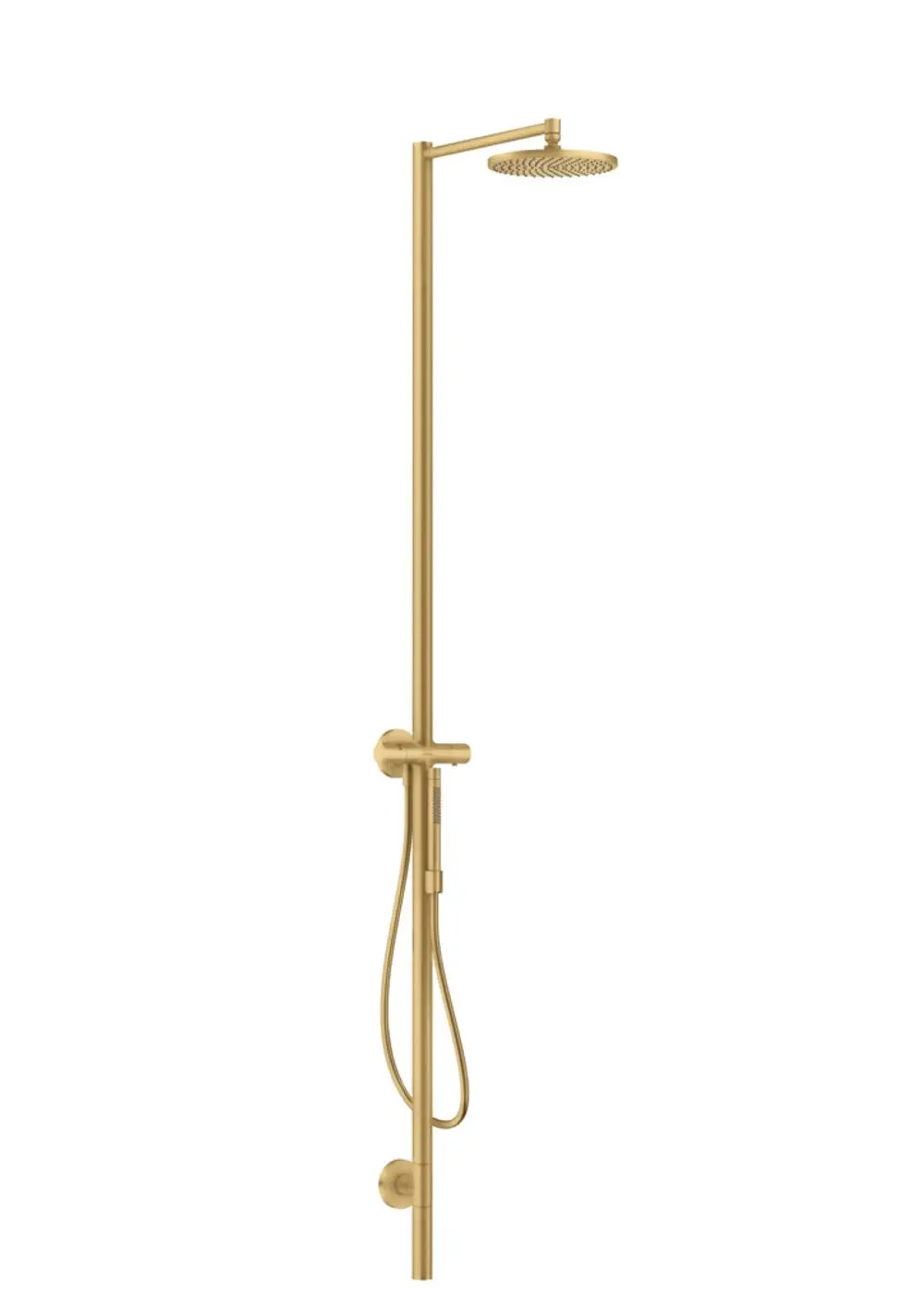 Duschsäule in geb brushed gold von AXOR mit Kopfbrause und Thermostat. Vertikale Montage mit flexibler Handbrause. Minimalistisches Design, geeignet für moderne Badezimmer.